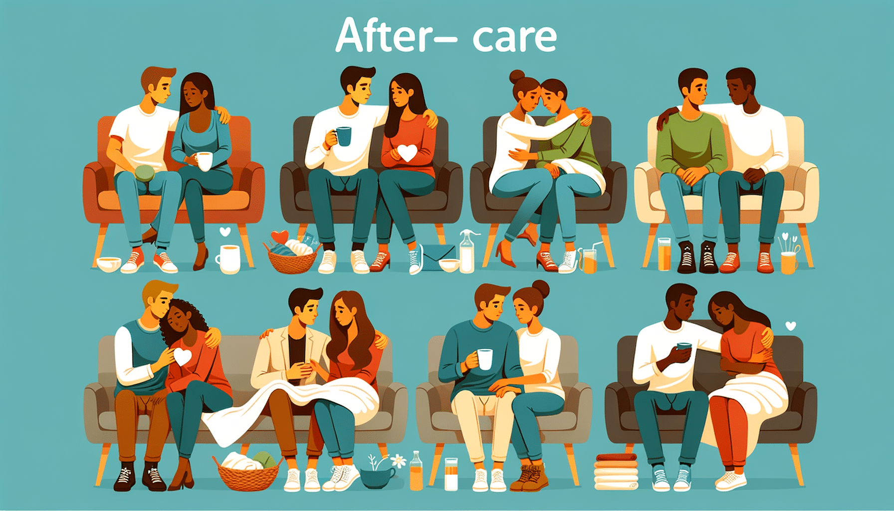 Illustration showing diverse couples engaging in aftercare activities, including cuddling, talking, and providing comfort items, highlighting the importance of aftercare in BDSM and kink practices.