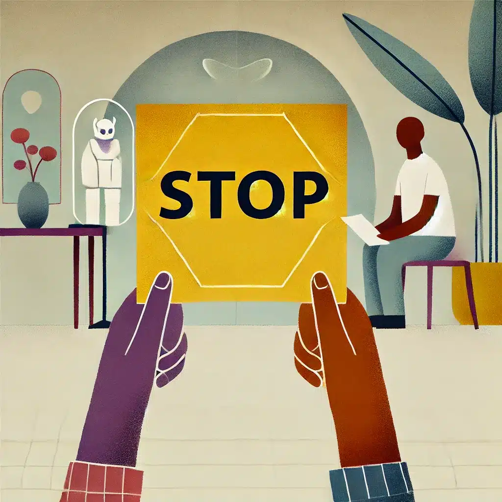 An illustration showing a person holding up a brightly colored card with the word 'STOP' in bold letters during a consensual BDSM scene, symbolizing the importance of choosing a clear and effective safe word.
