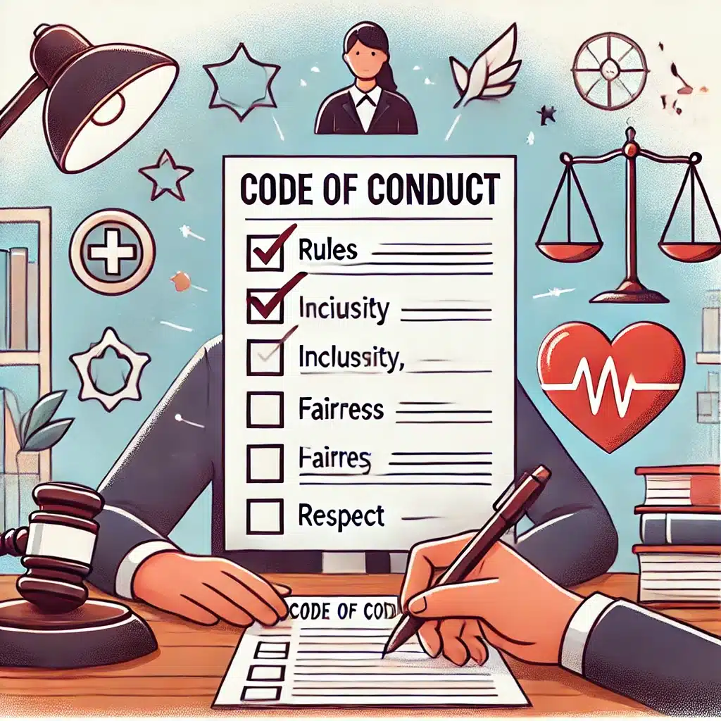 Professional drafting of a Code of Conduct document with ethics symbols in a productive workspace.