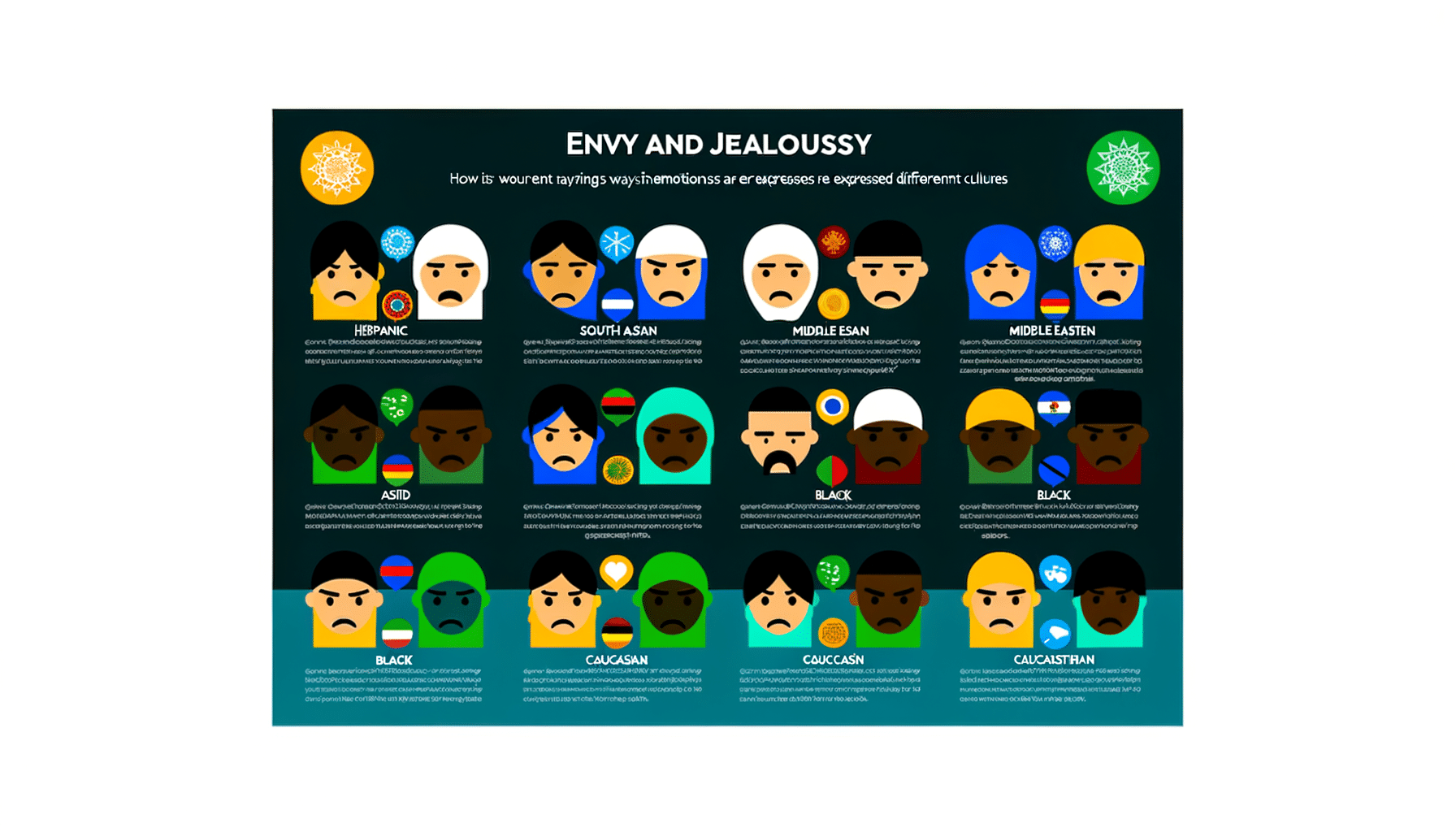 Infographic depicting cultural differences in envy and jealousy expression across various societies, featuring graphs and cultural context