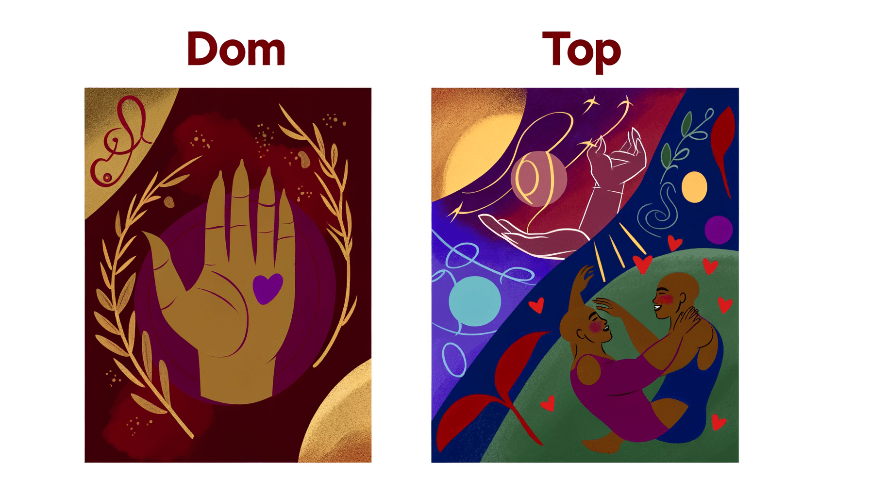 An illustration contrasting the roles of a Dom and a Top in BDSM, with one side depicting a nurturing scene and the other a playful, physical interaction