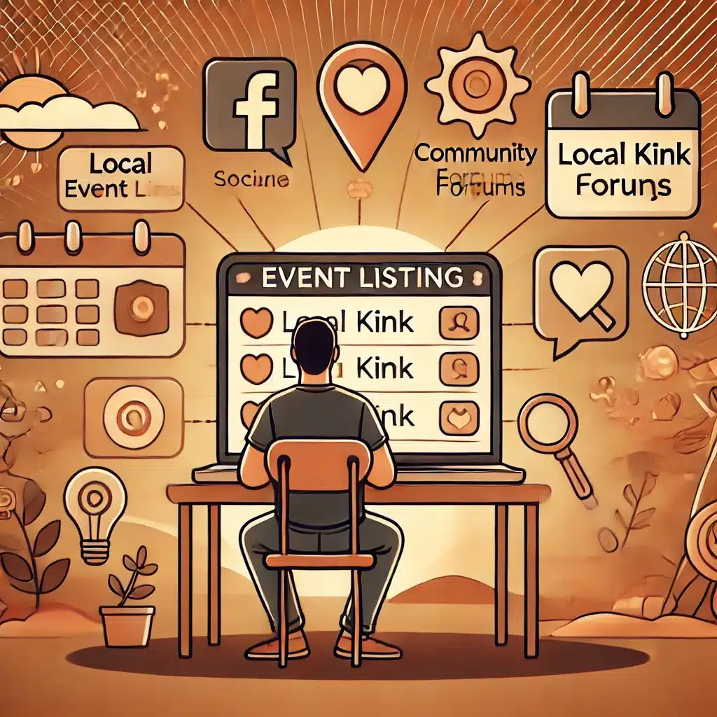 Person browsing kink event listings online, surrounded by social media and community icons.