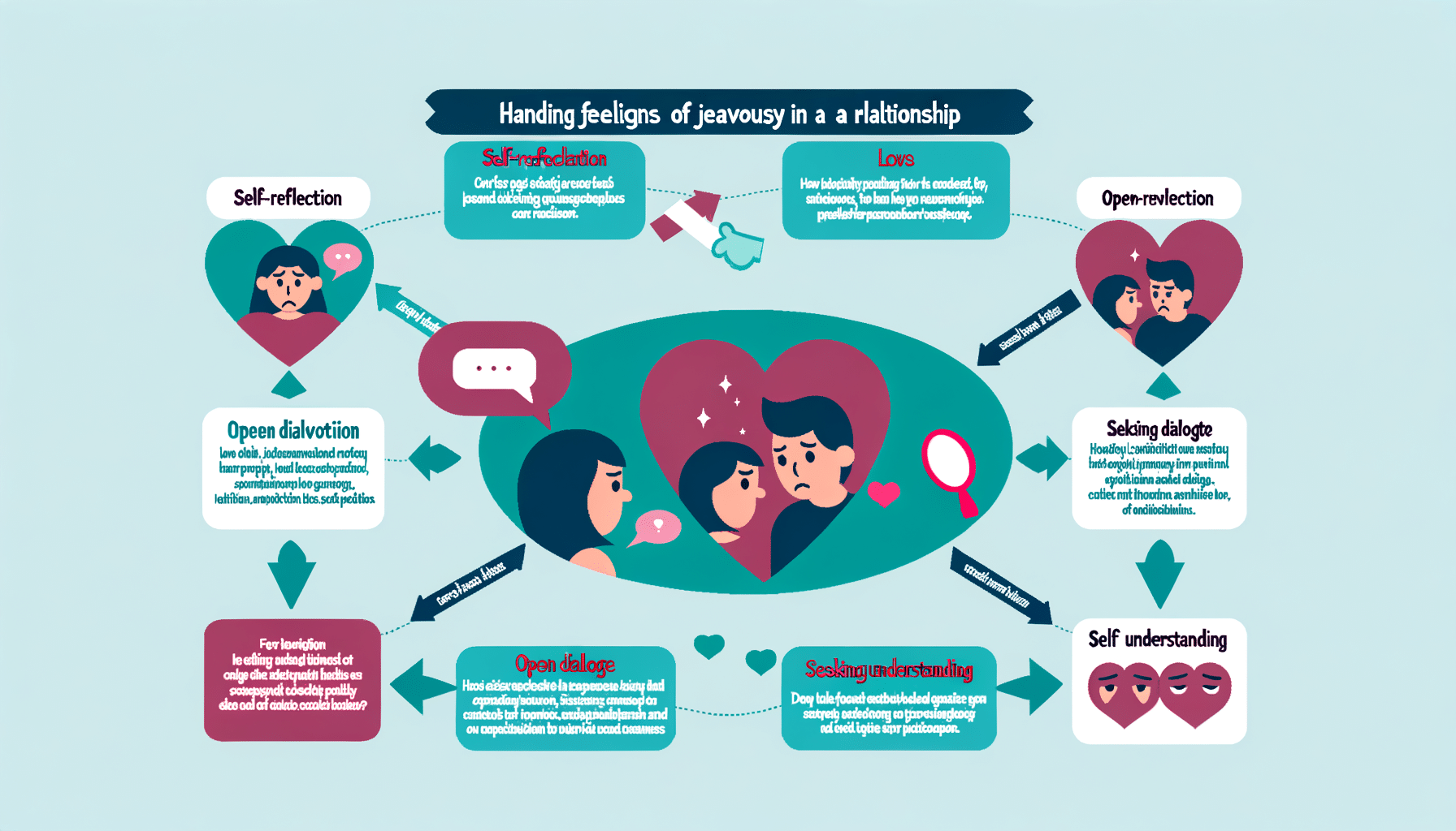 Infographic detailing steps for communicating feelings of jealousy in relationships, including reflection, timing, using "I" statements, and open dialogue