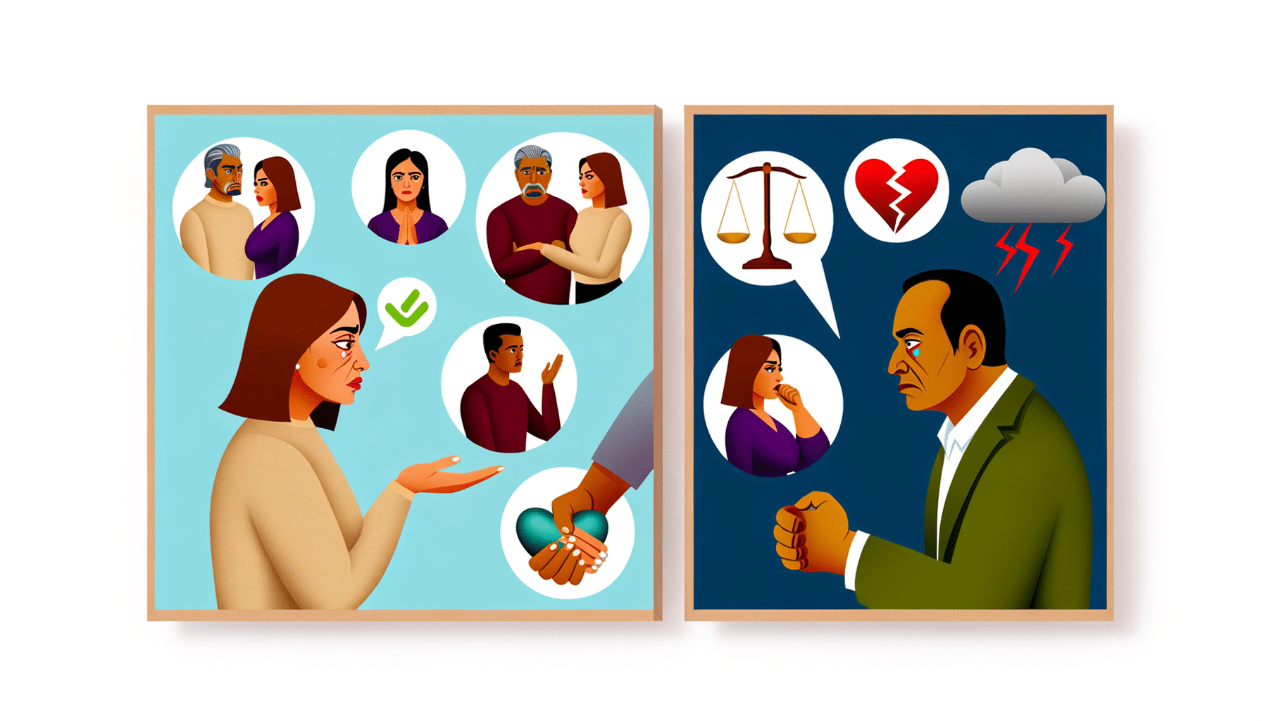 A detailed illustration contrasting healthy jealousy (depicting open communication and mutual understanding) with unhealthy jealousy (showing possessiveness and conflict), designed to educate viewers about these emotional responses in relationships