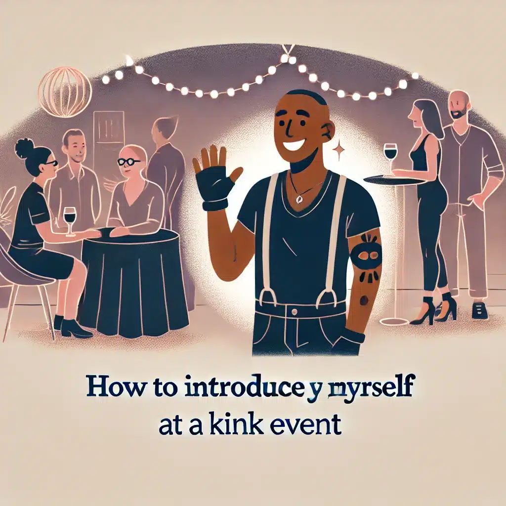 A friendly character waves at a vibrant kink event, encouraging social interaction and connection.