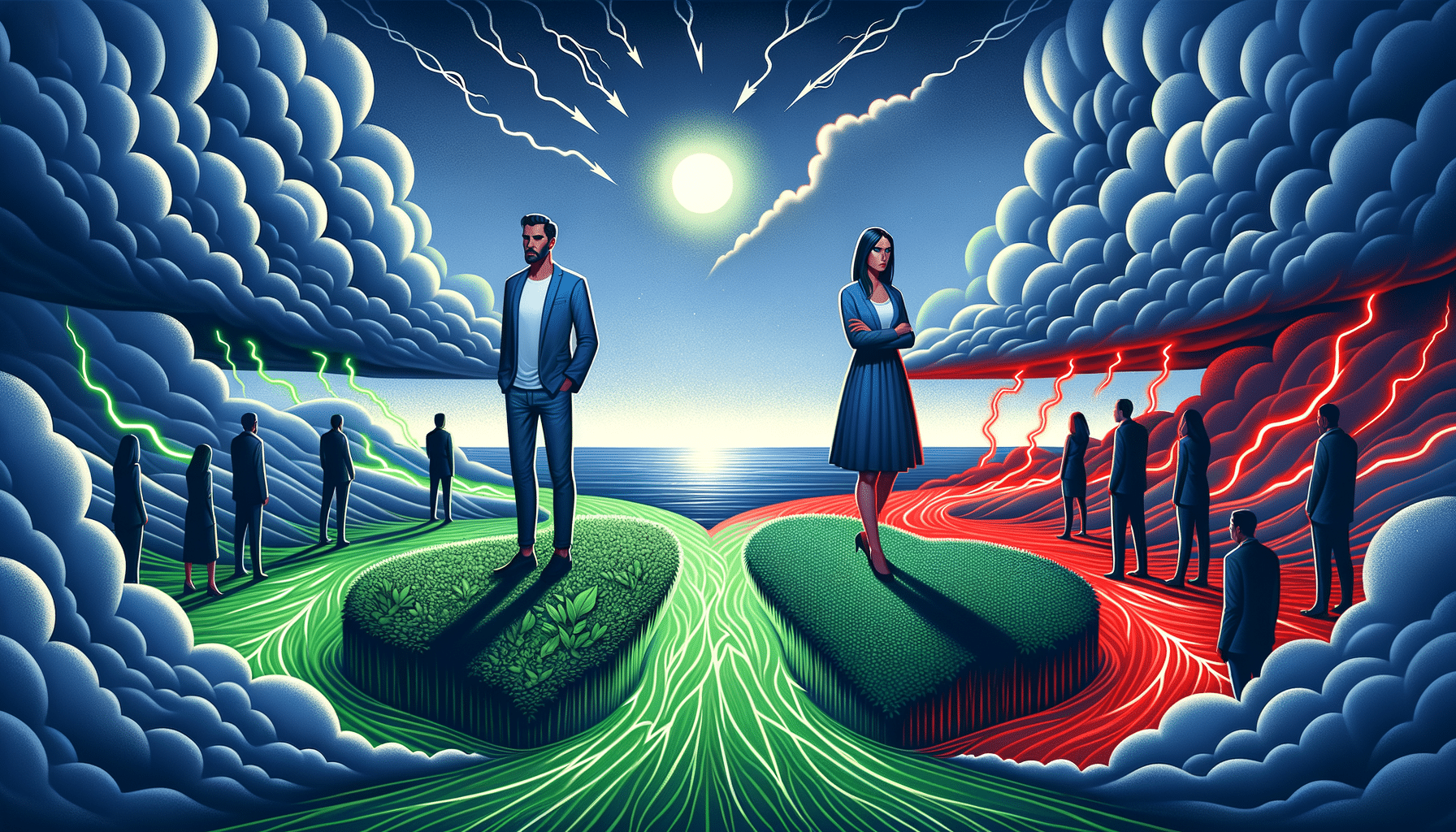 An artistic depiction of two individuals in a monogamous relationship, one showing signs of jealousy and the other experiencing envy, emphasizing emotional dynamics