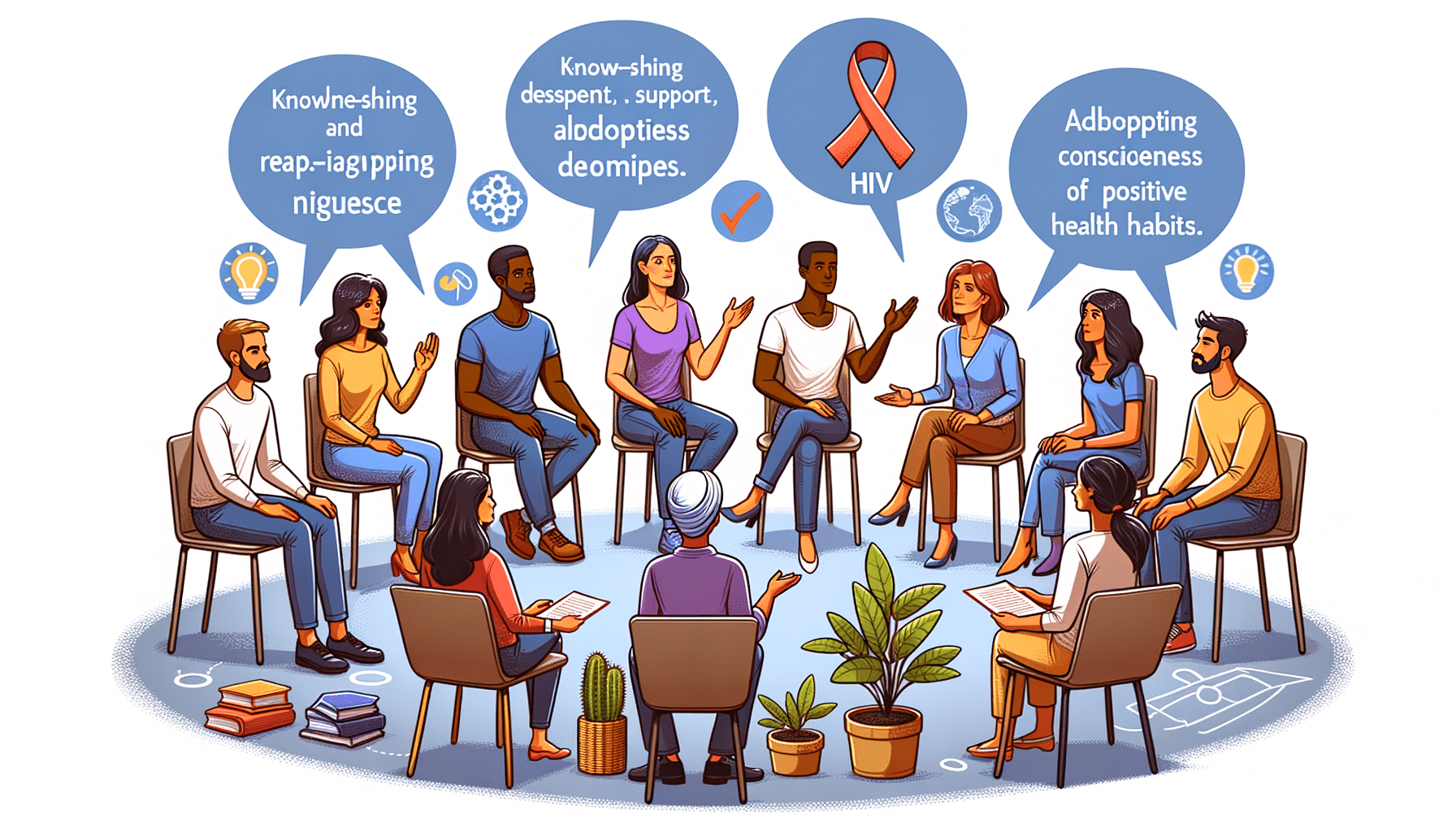 A diverse group of people, including different genders and ethnicities, sitting in a bright room discussing HIV awareness and support. The atmosphere is welcoming and inclusive, with visuals of informative materials on the table.