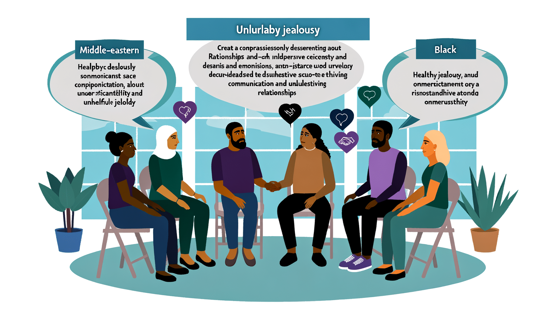 Diverse individuals in an ENM setting engaging in open communication about jealousy, showcasing emotions and supportive dynamics