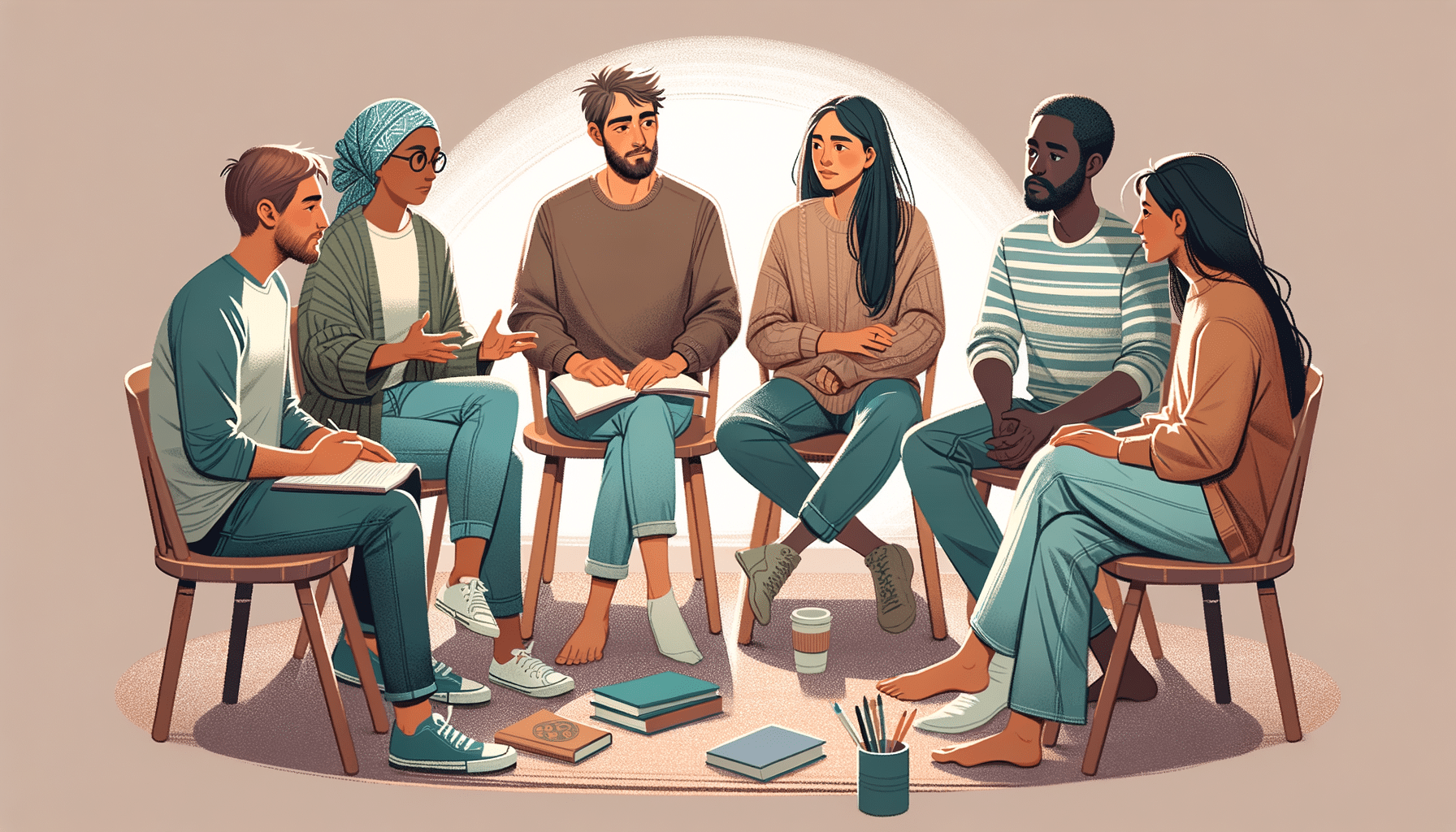 A diverse group of individuals sitting in a circle, engaging in a respectful conversation about feelings, boundaries, and jealousy in ethical non-monogamy. They appear open and understanding, creating an environment of trust and communication
