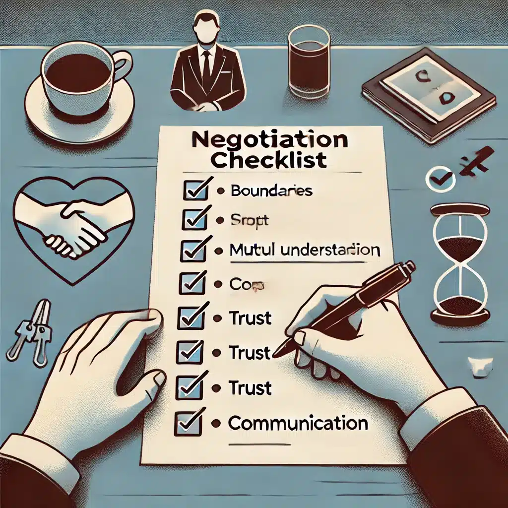An illustration of a person filling out a negotiation checklist, symbolizing preparation and communication in BDSM