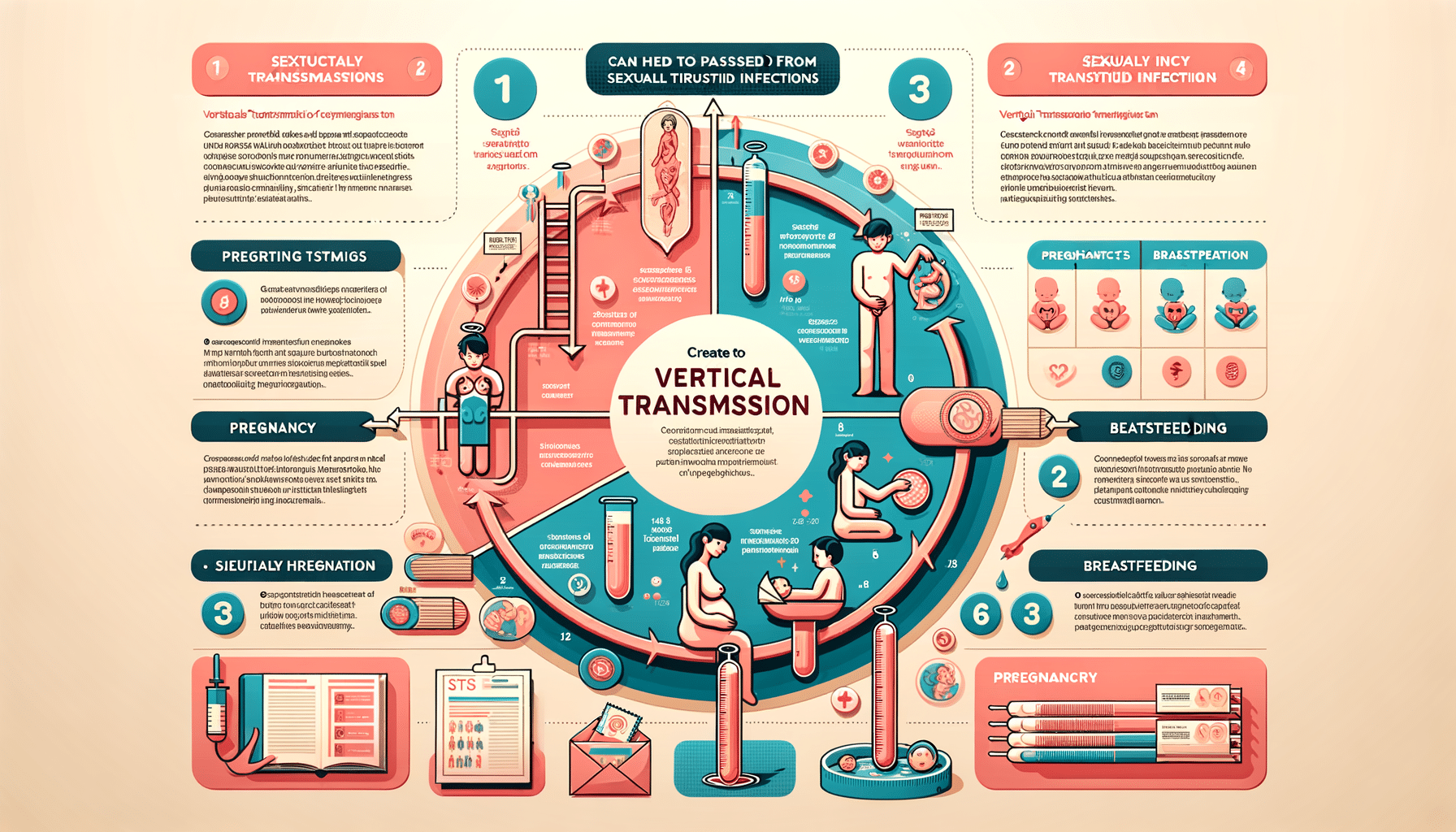 An educational infographic detailing how sexually transmitted infections can be contracted by babies from parents, highlighting transmission during pregnancy, childbirth, and breastfeeding, along with preventive measures