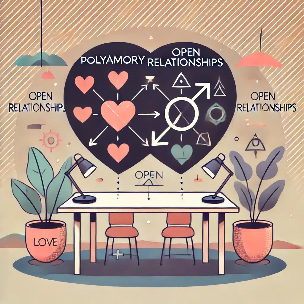 An illustration of overlapping diagrams labeled 'Polyamory' and 'Open Relationships,' highlighting relational diversity.
