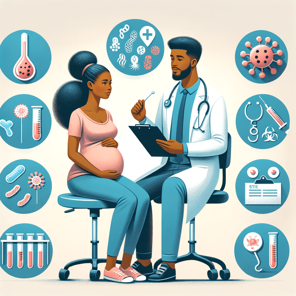 A pregnant person discussing STI management with a healthcare provider, surrounded by medical tools and symbols representing different STIs, emphasizing safe practices and informed care during pregnancy