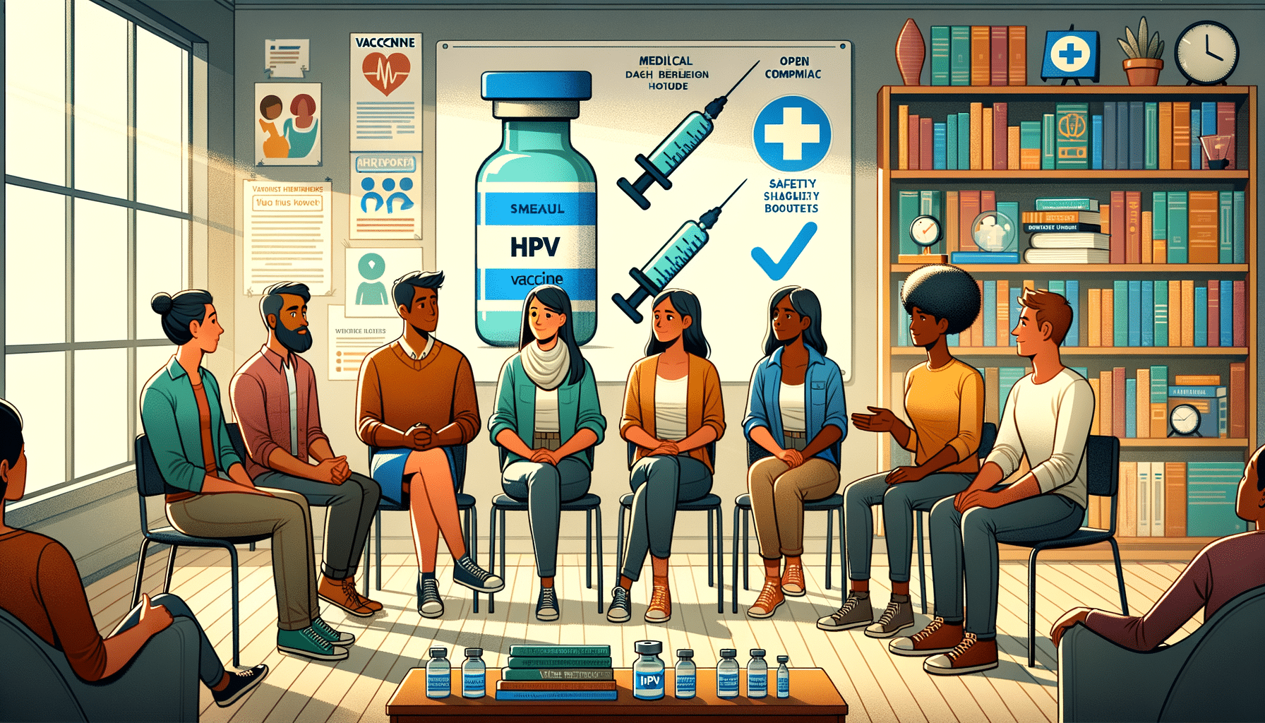 A diverse group of individuals gathered around a table, discussing STI prevention and vaccination, with visual elements highlighting the HPV vaccine and its benefits