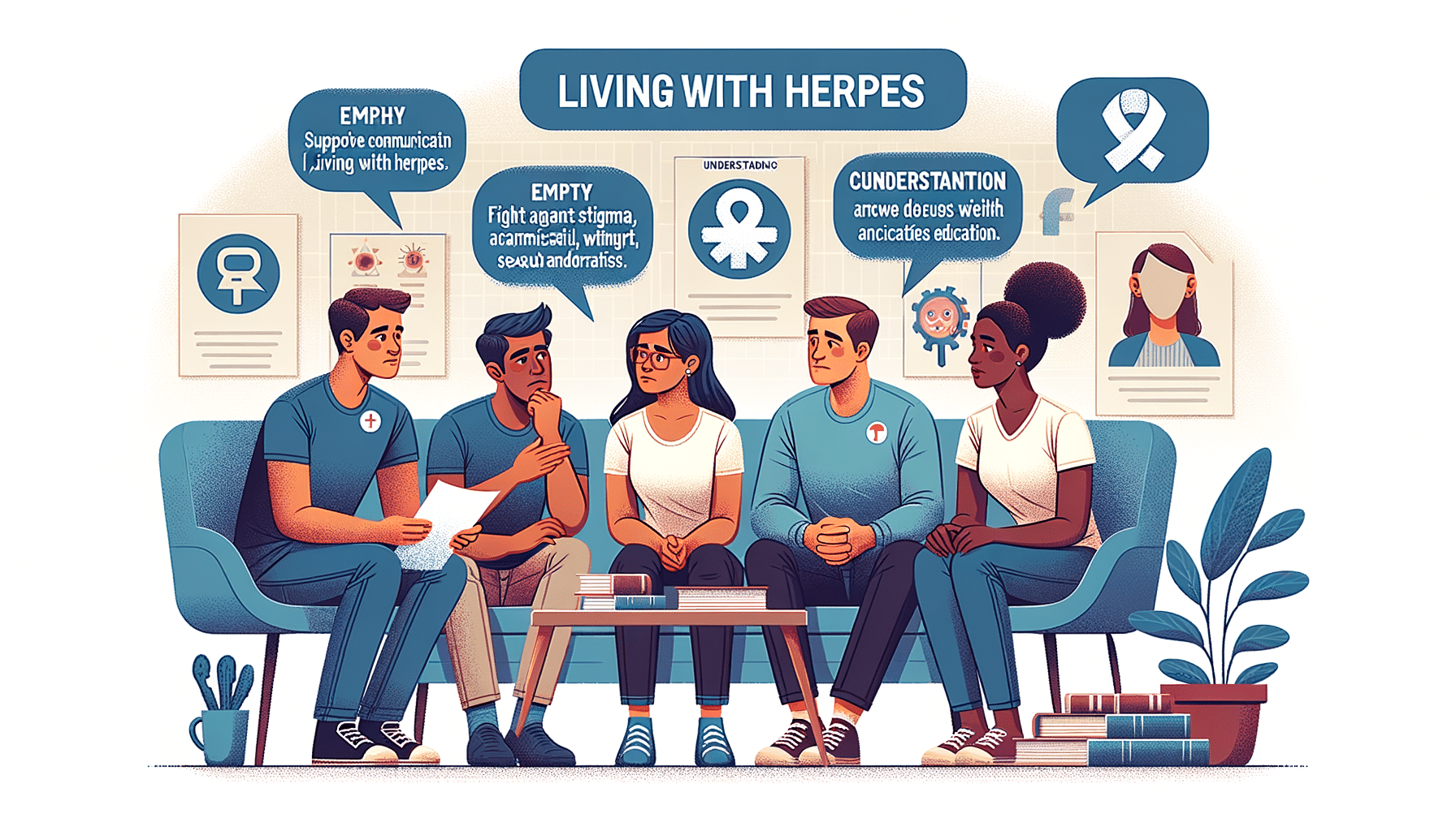 A diverse group of people sitting together in a circle, engaging in a supportive conversation about living with herpes. The setting is warm and inviting, with expressions of understanding and empathy visible on their faces.