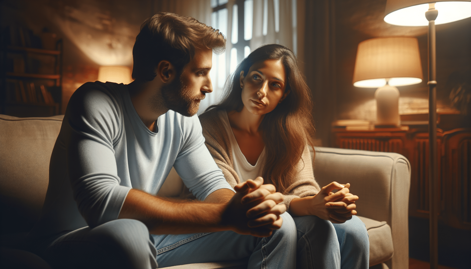 A couple sitting together in a cozy setting, engaged in an important conversation about a positive STI diagnosis, showcasing emotions of care and understanding.