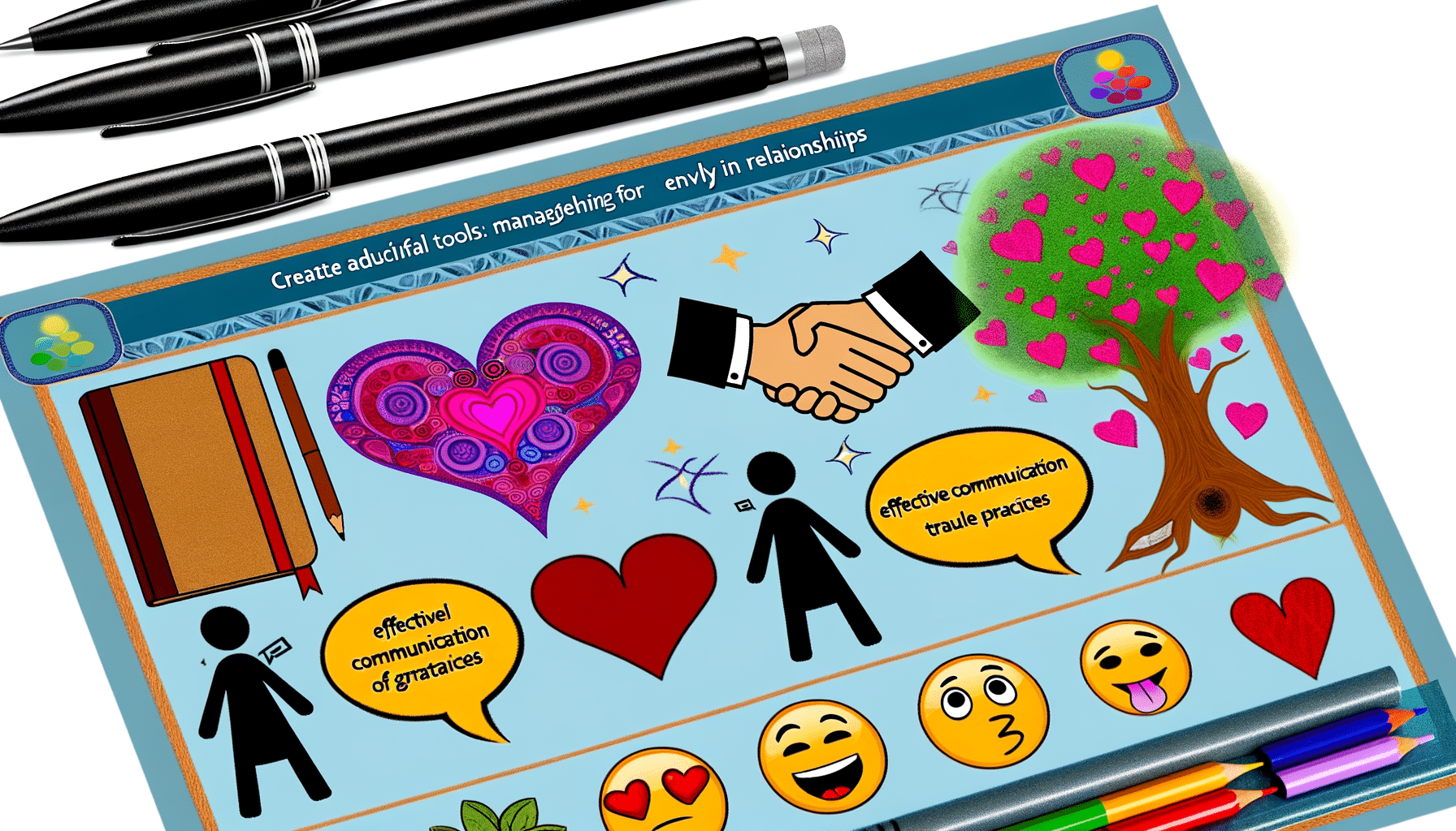 Illustration showing tools for managing envy in relationships, including journaling, open communication, and gratitude practices