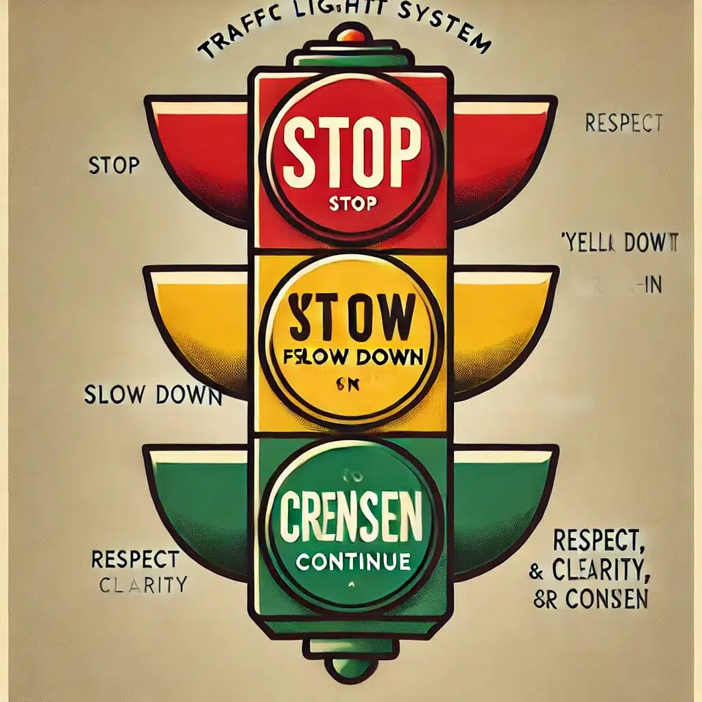An illustration of a traffic light labeled with 'red,' 'yellow,' and 'green,' symbolizing the traffic light system used in BDSM for clear and safe communication