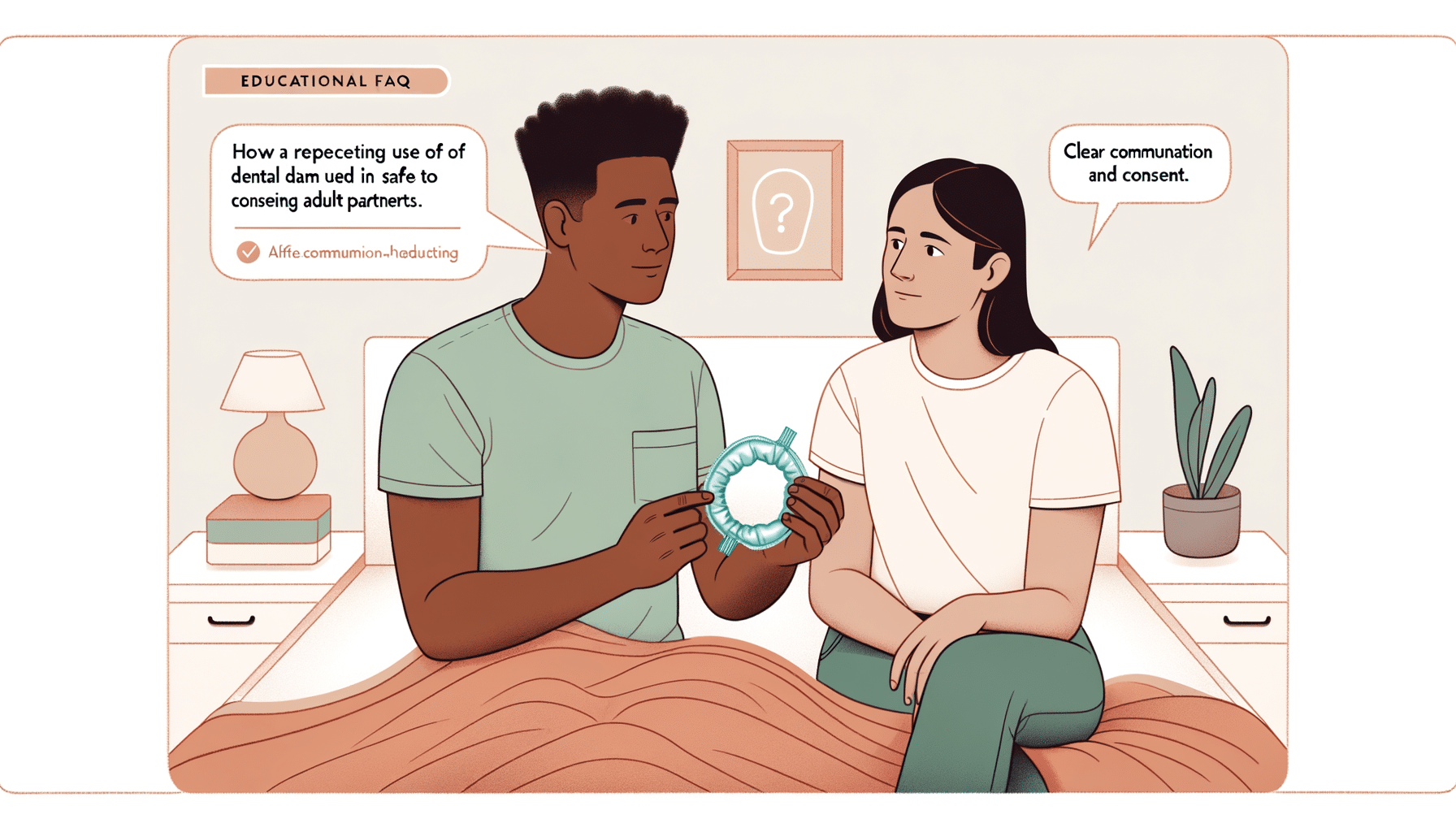An illustration of a dental dam being used during oral sex, highlighting its benefits for safer sexual practices. The image features two consenting partners engaged in a respectful manner
