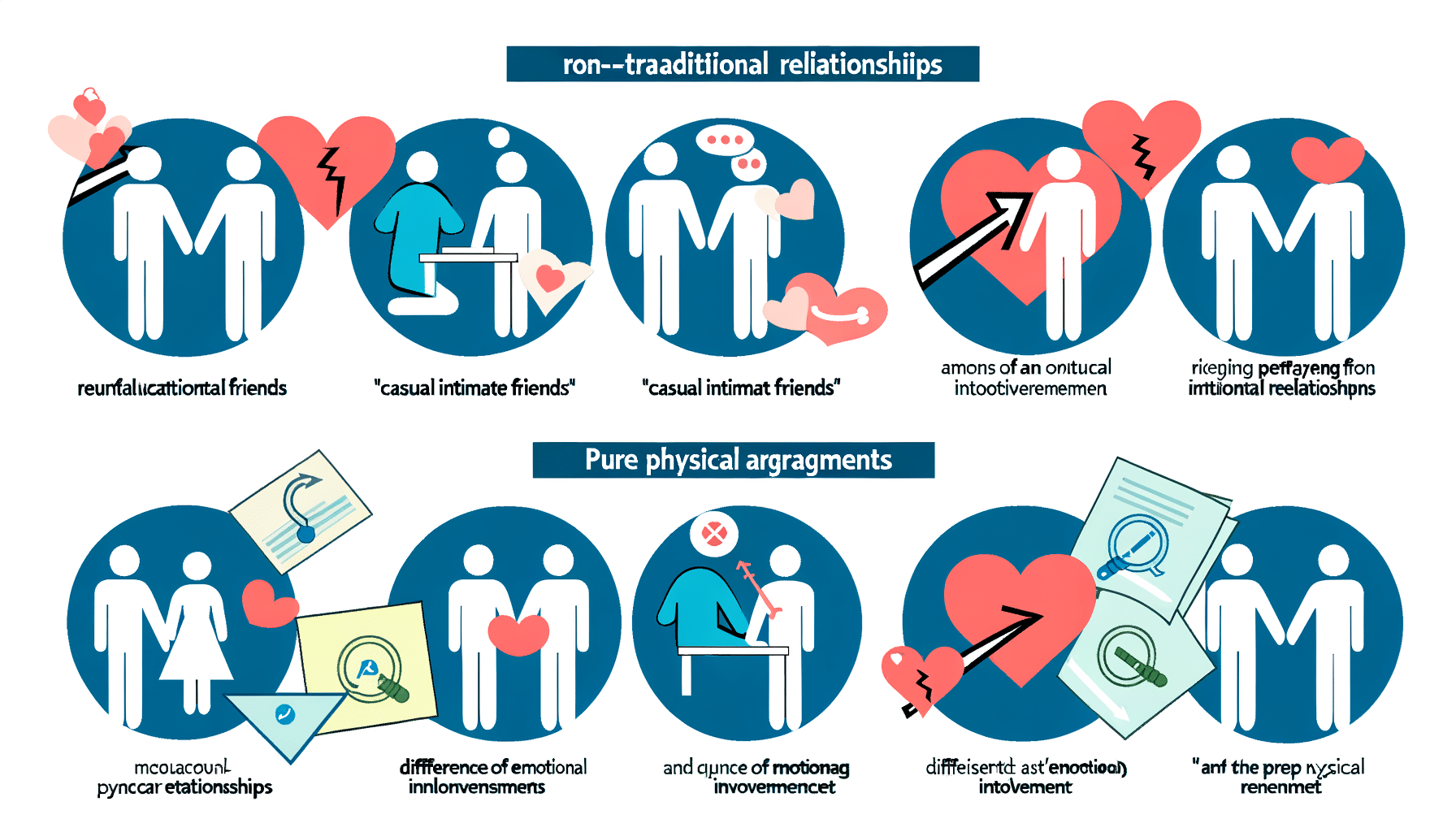 An educational illustration contrasting fuck buddy and friends with benefits relationships, depicting their dynamics and emotional involvement
