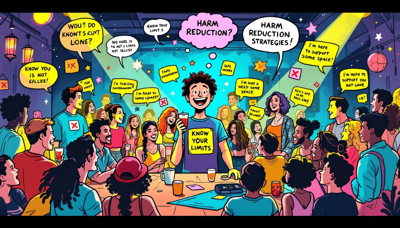 An illustration depicting harm reduction strategies at a lively play party.