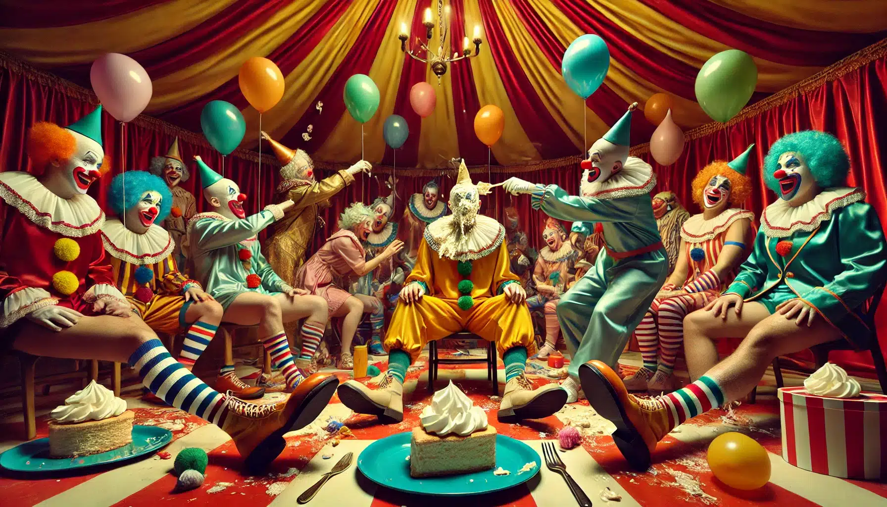 dall·e 2025 01 08 162745 a surreal and whimsical depiction of a playful consensual clown themed gathering in an adult entertainment context the scene features exaggerated cl