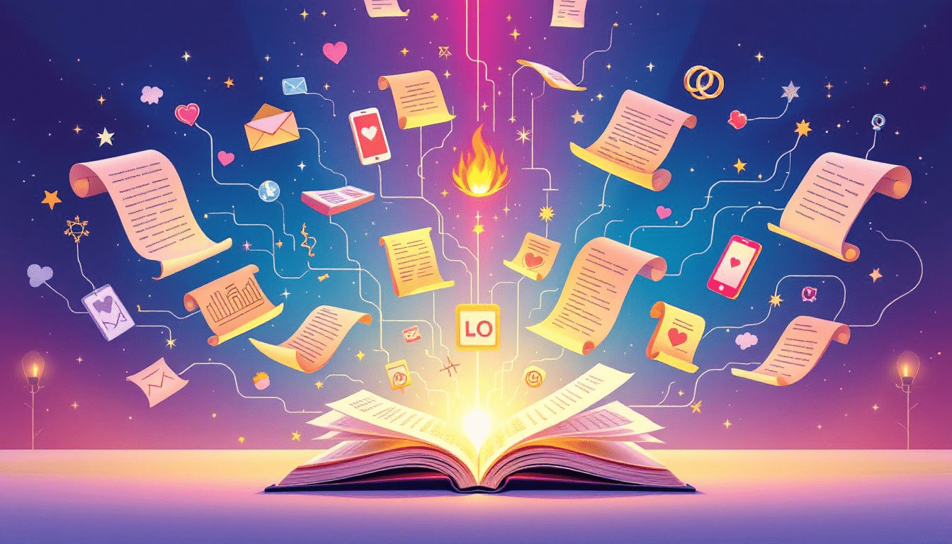 An artistic representation of the evolution of language in relationships, featuring open books and diverse symbols of love.