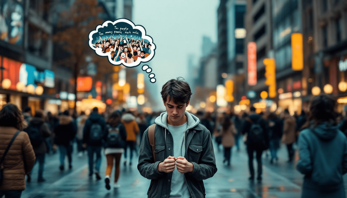 A person experiencing social anxiety in a crowded environment, highlighting the feeling of nerves.