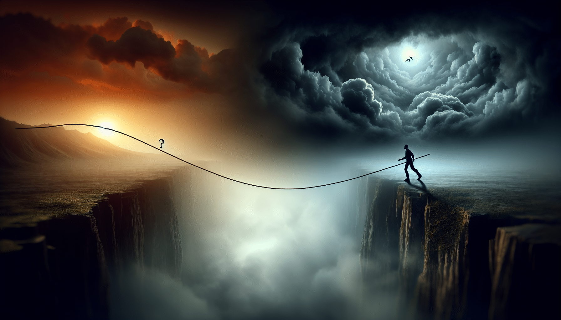 a man walking on a rope over a cliff