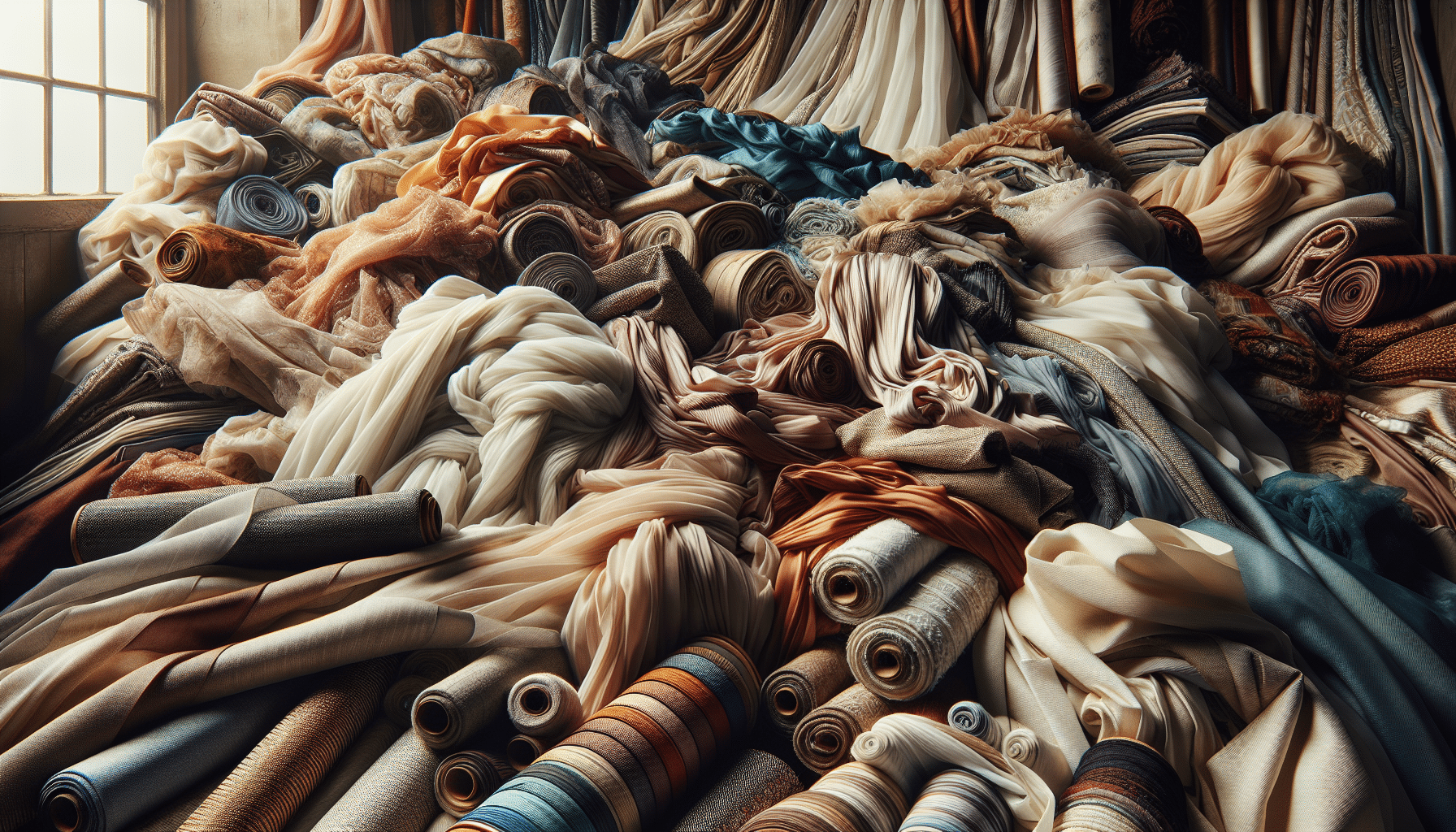 a pile of fabric rolls