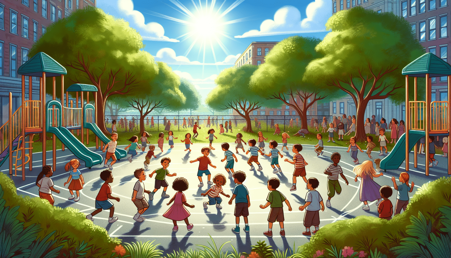 a cartoon of kids playing basketball