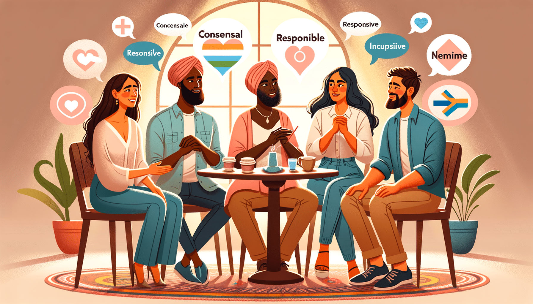 Diverse group of individuals in an open discussion about alternative terms for Ethical Non-Monogamy, with words like 'consensual', 'responsible', 'inclusive', and 'transparent' illustrated around them