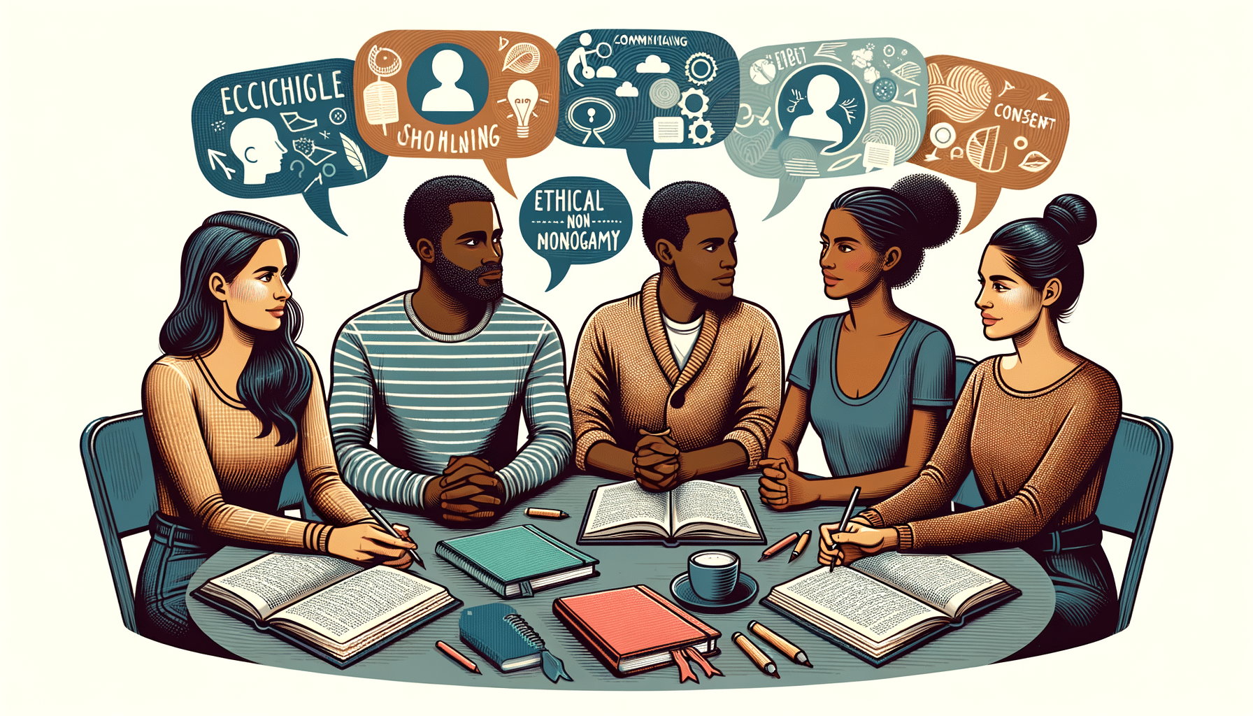 A diverse group of people engaged in a conversation about ethical non-monogamy, featuring open notebooks and dialogue bubbles to emphasize communication and consent