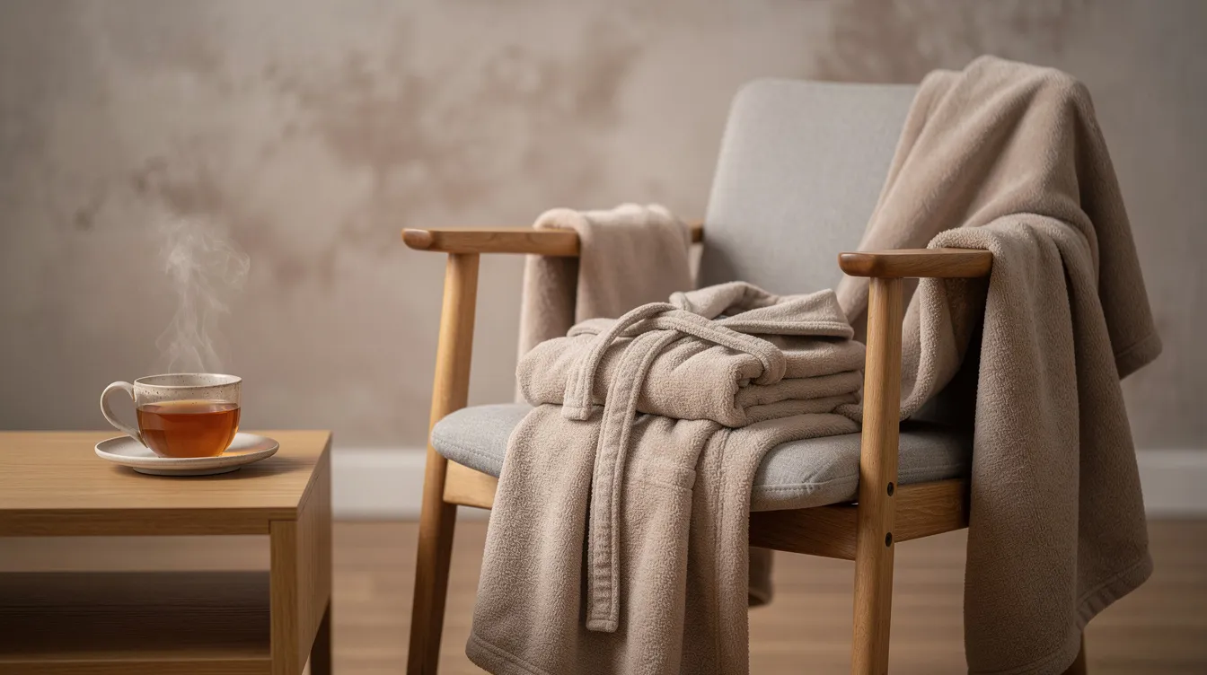 Tips for Creating Erotic Photography: A Consent‑Centered Guide 4 - Consent Culture The image depicts a serene private room featuring a neatly folded robe, a steaming cup of tea, and a soft blanket draped over a chair, creating a cozy atmosphere ideal for a boudoir photography session. Natural light softly illuminates the space, enhancing the calm and inviting ambiance.