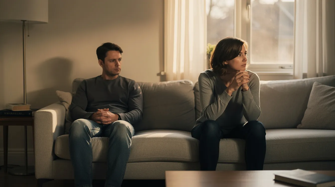 How to Repair After a Boundary Crossing (Without Making It Worse) 2 - Consent Culture In a quiet room, two people sit apart on a couch, both appearing calm yet thoughtful, suggesting a moment of reflection on their relationship. This scene may evoke feelings of boundary violations and the need for rebuilding trust as they navigate their emotions and communication.