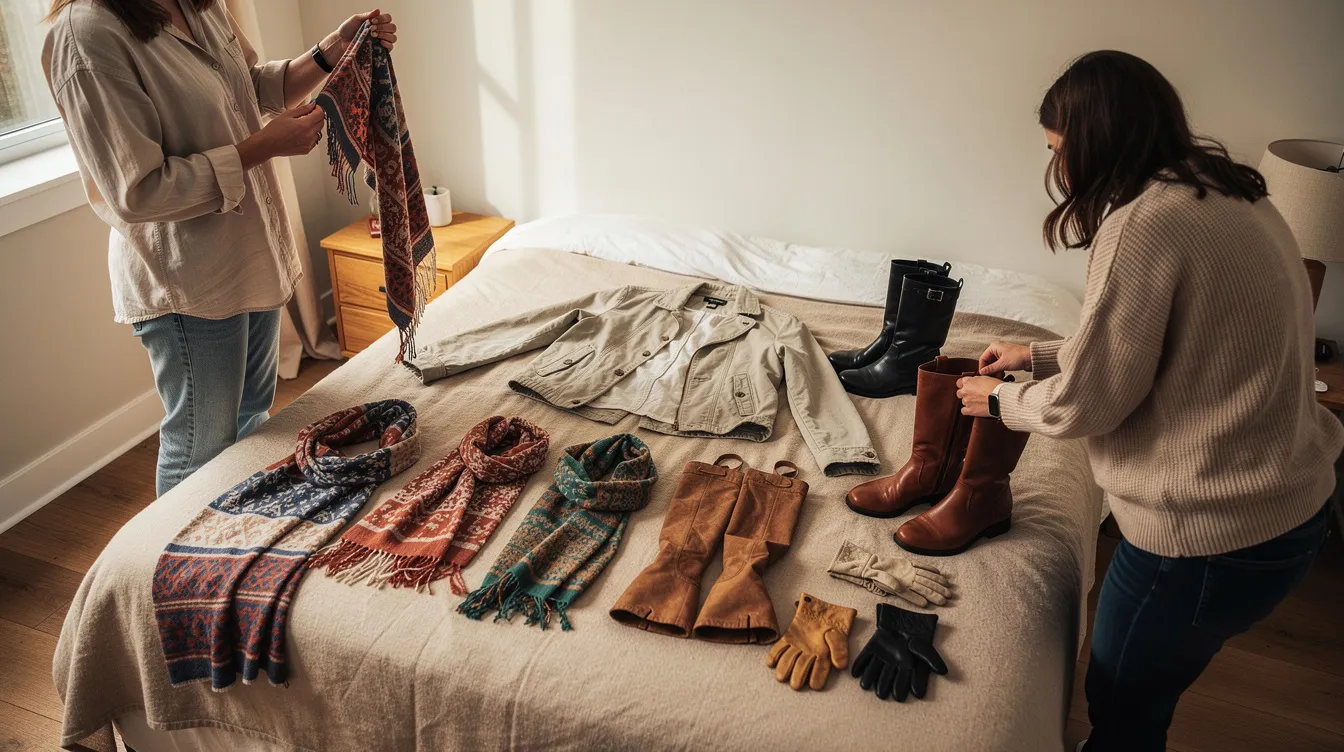 Choosing the Right Costumes for Role Playing (Without Losing Comfort or Consent) 2 - Consent Culture Two people are joyfully laying out various costume pieces, including scarves, jackets, boots, and gloves, on a bed, preparing for an exciting role-playing game or Halloween party. The assortment of clothes hints at different characters, adding realism and fun to their costume ideas.