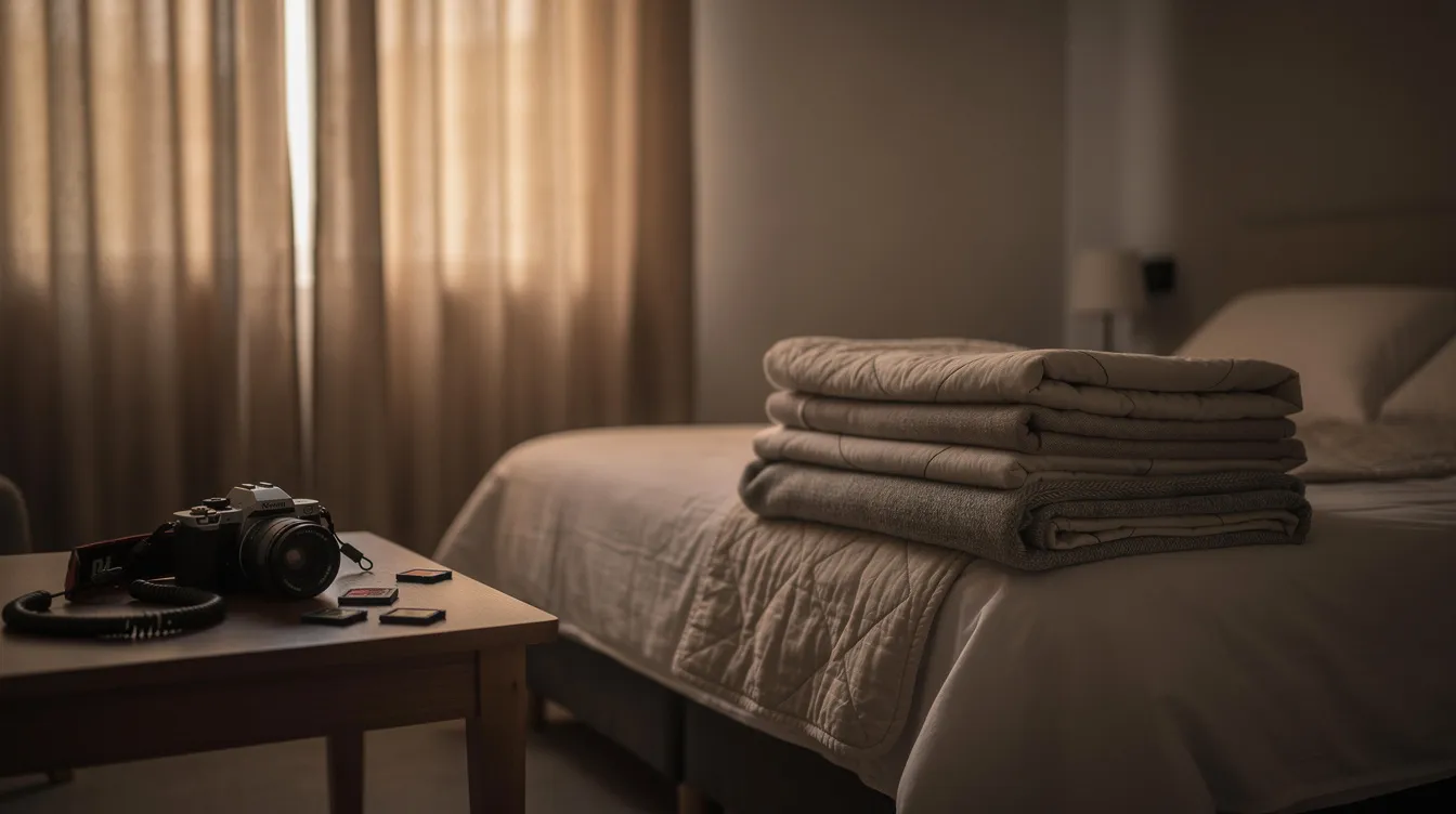 Tips for Creating Erotic Photography: A Consent‑Centered Guide 2 - Consent Culture The image depicts a cozy, softly lit bedroom featuring closed curtains, neatly folded blankets, and a camera resting on a table, creating an inviting atmosphere for a boudoir photography session. This intimate setting highlights the natural light and potential for flattering poses, perfect for capturing beautiful images.