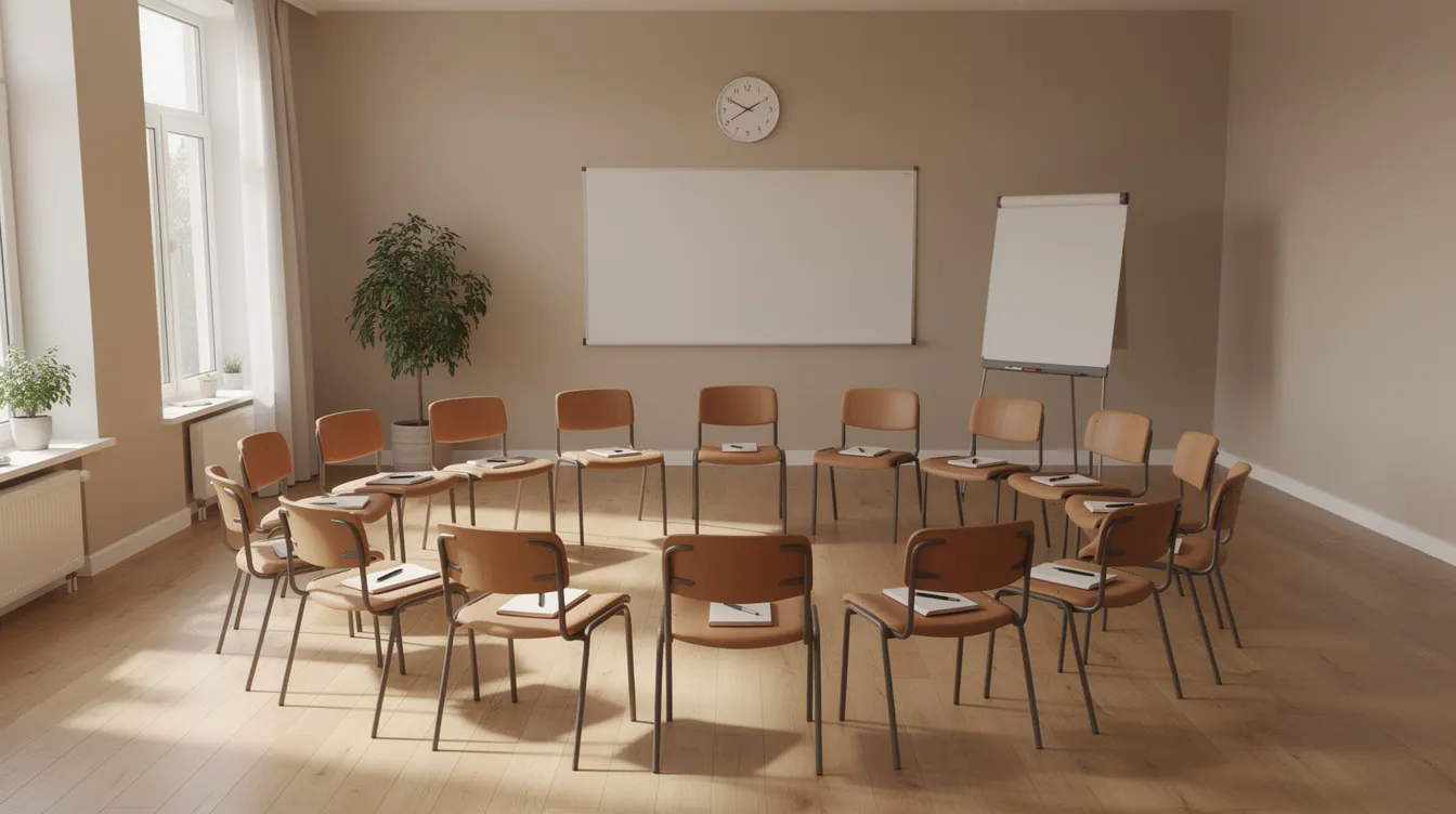 BDSM 101 Introductory Workshops: A Beginner’s Guide to Consent‑Forward Kink Education 2 - Consent Culture The image depicts a serene adult education room set up for a BDSM workshop, with chairs arranged in a circle and notebooks placed on each seat, inviting participants to explore different kinks and learn about safety and boundaries in a supportive community environment.
