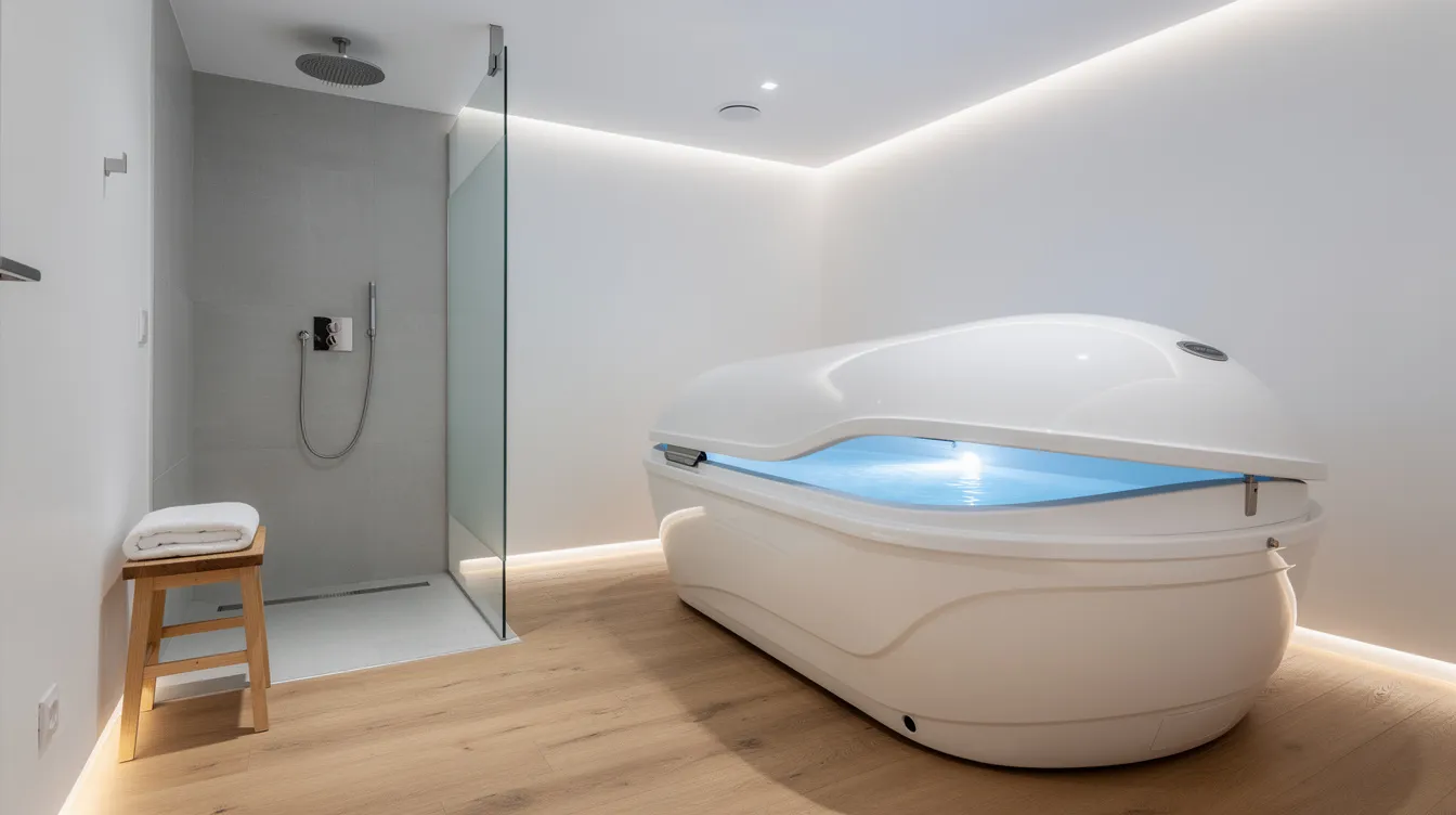 The image depicts a modern float pod situated in a clean, minimalist private room, illuminated by soft ambient lighting, with a small shower area nearby. This serene environment is designed for float therapy, promoting deep relaxation and sensory deprivation, allowing individuals to experience a unique zero gravity environment that aids in stress relief and overall well-being.