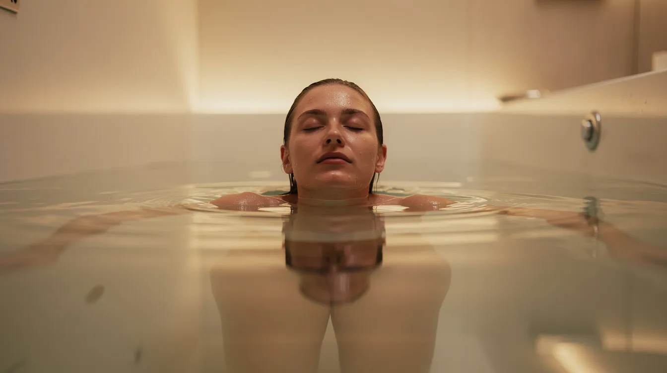 Sensory Deprivation 101: A Beginner's Guide to Float Therapy & Deep Relaxation 3 - Consent Culture A person is floating peacefully in a sensory deprivation tank, eyes closed, surrounded by warm dim lighting that reflects off the still salt water, creating a serene environment ideal for deep relaxation and stress relief. This float therapy session allows for a unique zero gravity experience, promoting mental benefits and a meditative state away from external distractions.