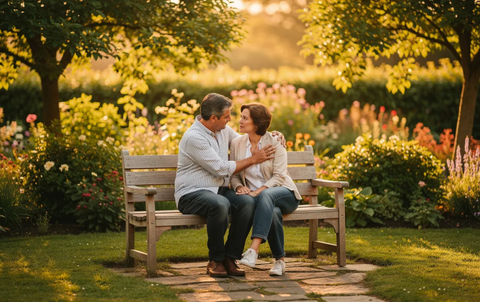 The image depicts two people sitting closely on a bench in a serene garden, with one person gently resting a hand on the other's shoulder, conveying a sense of comfort and connection. This peaceful scene highlights the importance of community and support in the context of healing from experiences like domestic violence and abuse.