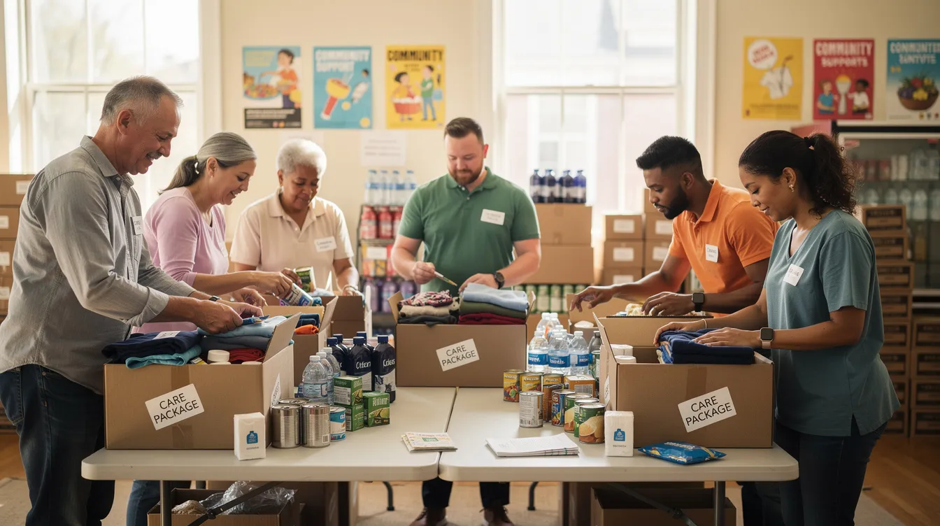 SAFE: Supporting Survivors of Domestic and Sexual Violence 4 - Consent Culture A diverse group of volunteers is seen organizing supplies and care packages at a table in a community center, demonstrating a commitment to supporting victims of domestic and sexual violence. The scene reflects collaboration and advocacy for prevention and safety within the community.