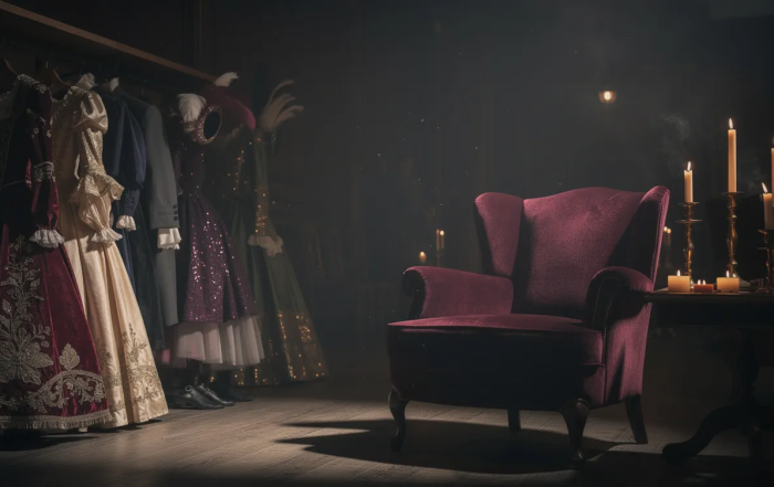 The image depicts a dimly lit room adorned with theatrical costumes and a plush velvet chair, illuminated by the soft glow of candlelight, creating an intimate atmosphere ideal for role playing and exploring BDSM scenarios. The ambiance suggests a space for fantasy and power exchange, inviting participants to engage in their wildest sexual fantasies.