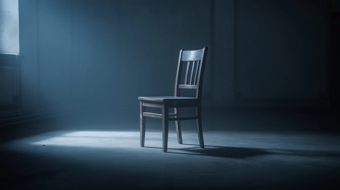 Popular BDSM Role Play Scenarios: Ideas, Safety & How To Start 4 - Consent Culture The image depicts a dimly lit atmospheric room featuring a solitary wooden chair, surrounded by soft shadows and moody blue lighting, creating an intimate setting ideal for exploring BDSM role play scenarios. This space evokes a sense of anticipation and intrigue, perfect for engaging in fantasies of power exchange and submission.