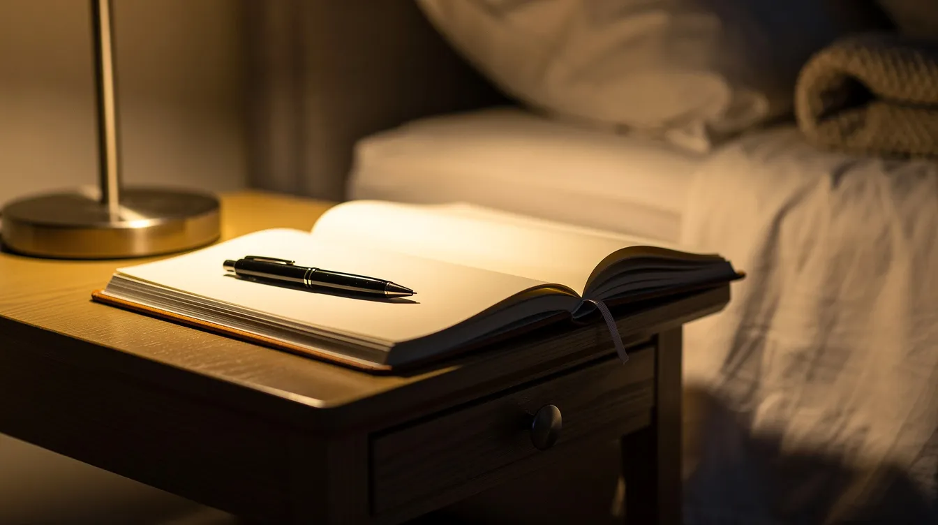 Popular BDSM Role Play Scenarios: Ideas, Safety & How To Start 5 - Consent Culture The image shows an open notebook with a pen resting beside it on a cozy bedside table, illuminated by warm lamplight, creating an inviting atmosphere perfect for exploring fantasies or jotting down BDSM role play ideas. The soft glow suggests a tranquil space for intimate discussions about power exchange and playful scenarios in a relationship.