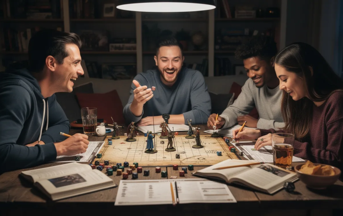 A diverse group of friends is gathered around a wooden table, engaged in animated conversation while surrounded by dice, character sheets, and miniature figurines, highlighting the social interaction and creativity involved in role playing games. This scene captures the essence of tabletop RPGs as a valuable tool for developing critical thinking skills and fostering positive experiences among participants.