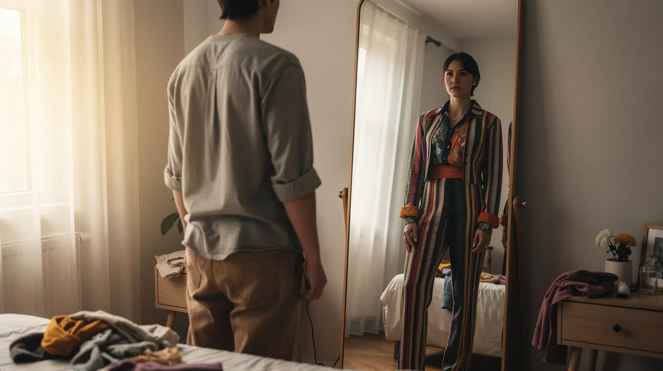 Understanding the Psychological Aspects of Role Playing 3 - Consent Culture A person stands in front of a full-length mirror, their reflection revealing a contrasting outfit and posture that symbolizes the exploration of identity, akin to the role playing games where players adopt different characters and perspectives. This visual representation highlights the journey of self-discovery and the valuable tool of role play in understanding various aspects of life.