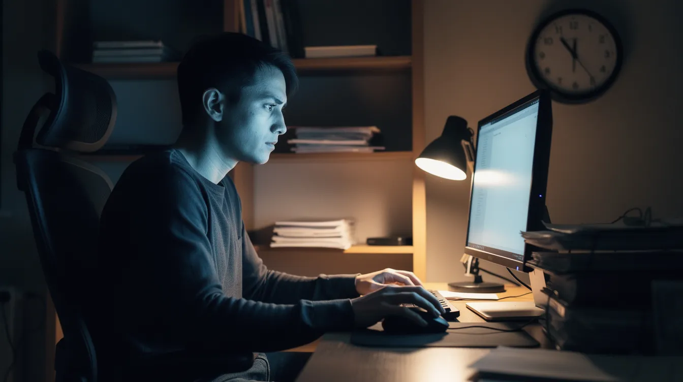 Understanding the Psychological Aspects of Role Playing 4 - Consent Culture A tired but engaged person is sitting at a desk in a dimly lit room, illuminated by the glow of a computer screen, while a clock on the wall indicates late hours. This scene reflects the dedication often seen in students role playing or participating in online role playing games, where critical thinking skills and social interaction are key components.