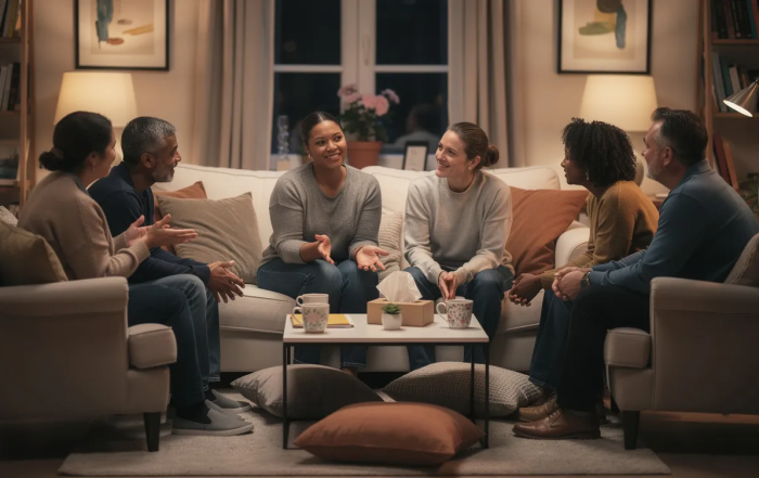 The image shows a group of multiple people sitting in a circle, engaged in a warm and intimate conversation in a cozy living room. This setting reflects the essence of polyamorous relationships, where individuals share deep feelings and discuss their experiences in non-monogamous relationships.
