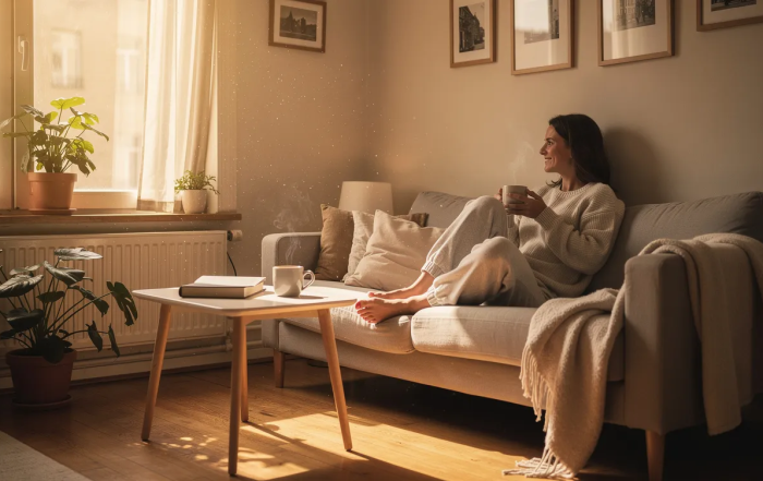 A person sits peacefully in their apartment, cradling a warm cup of coffee as sunlight streams through the window, creating a relaxed and content atmosphere. This serene moment reflects the beauty of intimate relationships, whether in a monogamous relationship or exploring various types of polyamorous relationships.